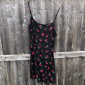 Black Slip Dress with Cherry Print